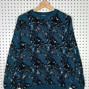 Michael Gerald‎ 90s Chunky Knit Sweater Women's Medium Blue Black Abstract Art